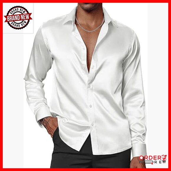 Men's Shiny Satin Dress Shirt Long Sleeve Button Down with Bow Tie